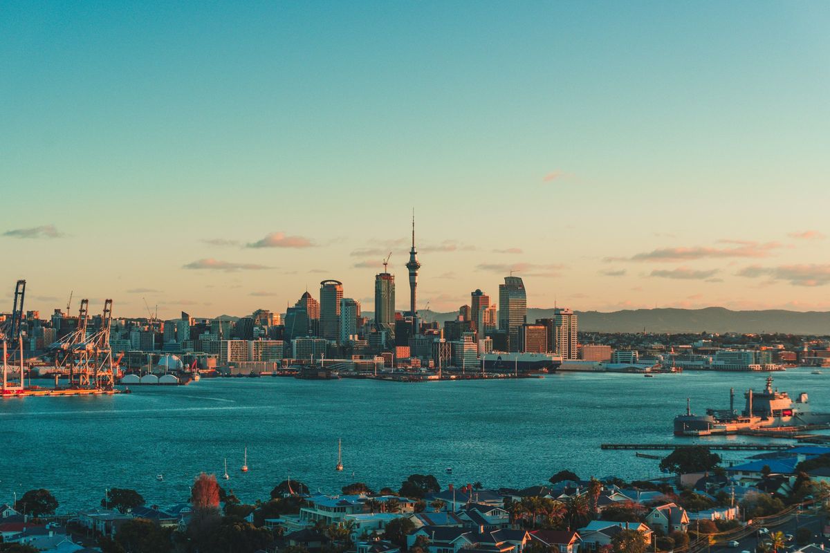 The Auckland skyline and harbour in warm late-afternoon light