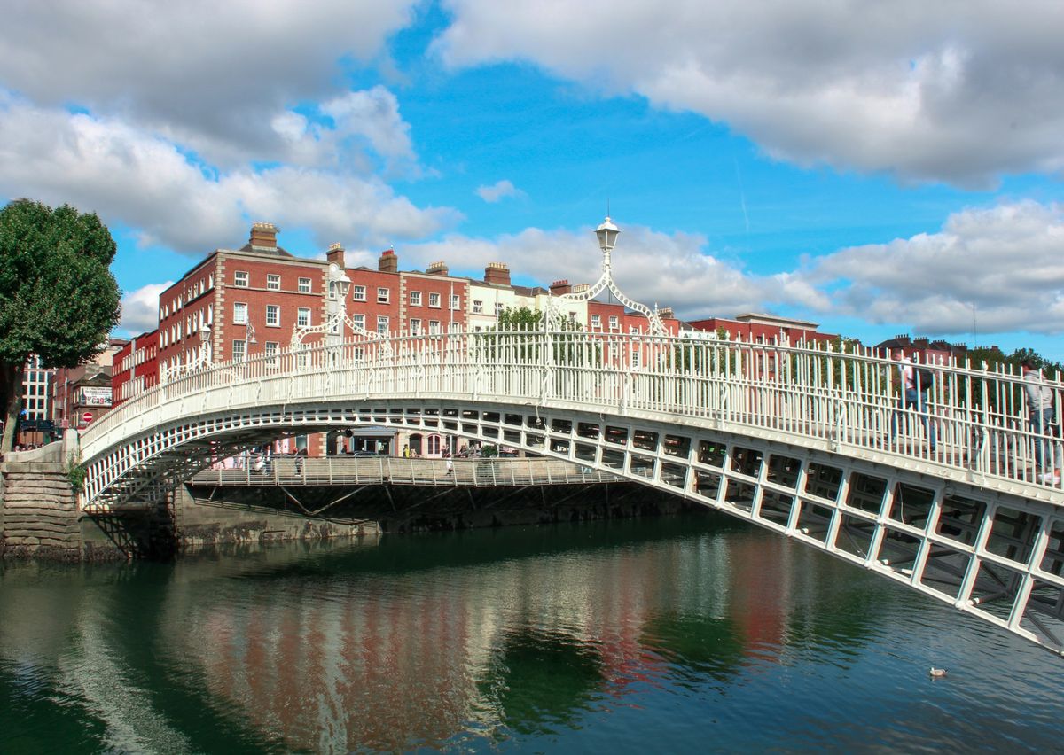 A white footbridge over the River Liffey in Dublin on a sunny day